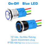 Black or Stainless Steel Push Button Switch - 12V 5a Latching On/Off - Blue LED