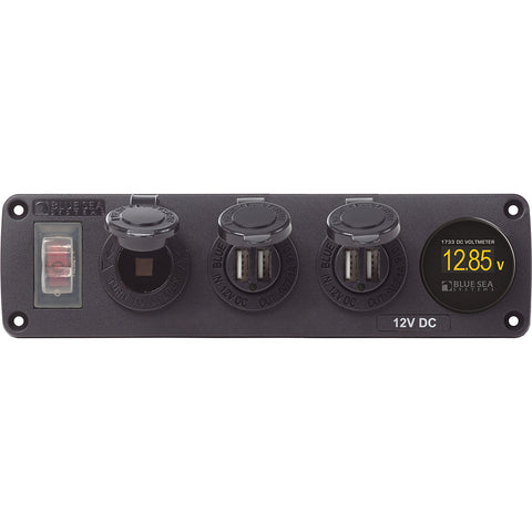 Blue Sea 4368 Water Resistant USB Accessory Panel - 12V Socket, 2x 2.1A Dual USB Chargers, Mini Voltmeter [4368] - American Offshore