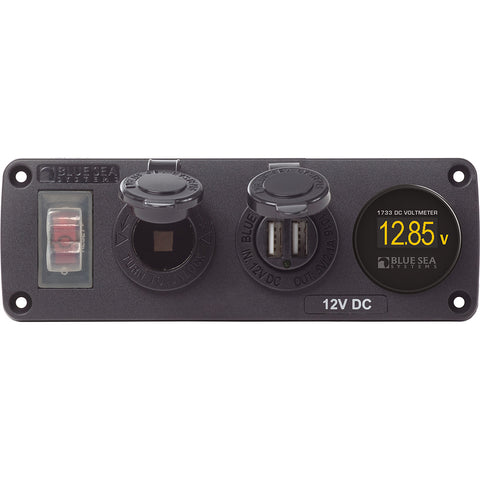 Blue Sea 4366 Water Resistant USB Accessory Panel - Circuit Breaker, 12V Socket, Dual USB Charger, Mini Voltmeter [4366] - American Offshore